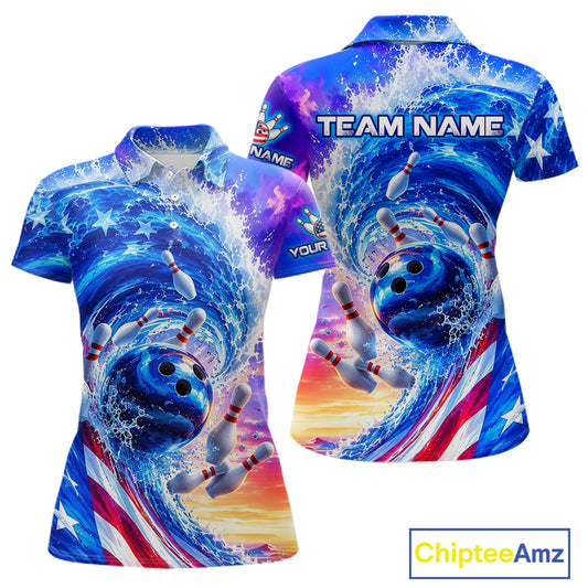 Custom American Wave Patriotic Bowling Jersey for Women Unisex Bowling Team Shirts Polo & 1/4 Zip HNT343