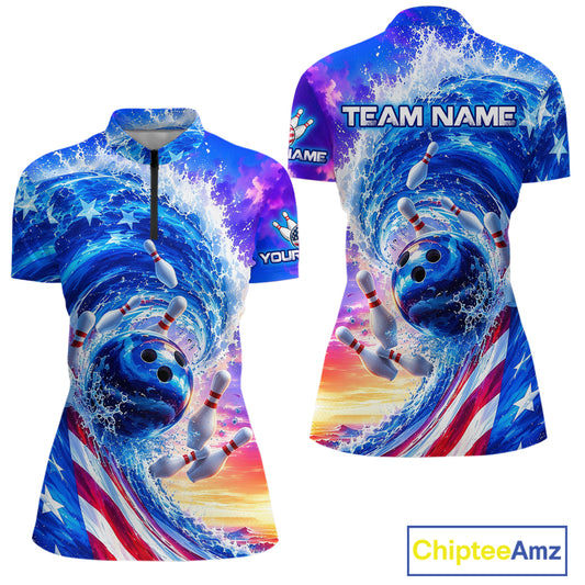 Custom American Wave Patriotic Bowling Jersey for Women Unisex Bowling Team Shirts Polo & 1/4 Zip HNT343