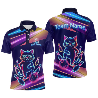 Custom Funny Cat Neon Bowling Jerseys for Men Bowling League Polo & 1/4 Zip Bowling Team Shirts HNT202