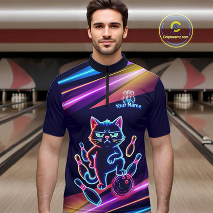 Custom Funny Cat Neon Bowling Jerseys for Men Bowling League Polo & 1/4 Zip Bowling Team Shirts HNT202