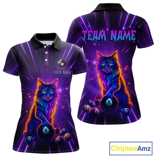 Personalized Funny Neon Cat 8 Ball Pool Women Billiard Polo & 1/4 Zip, Billiard Shirt, Billiard Team Jerseys NNT143