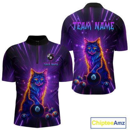 Personalized Funny Neon Cat 8 Ball Pool Men Billiard Polo & 1/4 Zip, Billiard Shirt, Billiard Team Jerseys NNT143