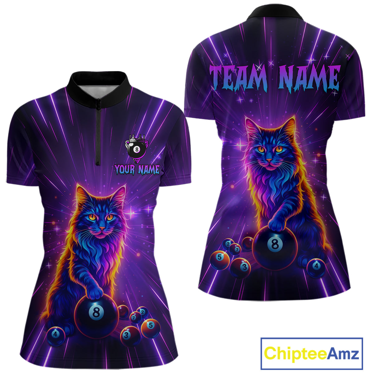 Personalized Funny Neon Cat 8 Ball Pool Women Billiard Polo & 1/4 Zip, Billiard Shirt, Billiard Team Jerseys NNT143