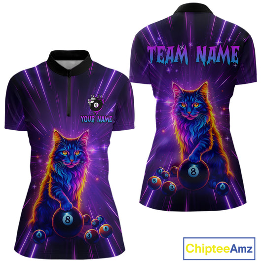 Personalized Funny Neon Cat 8 Ball Pool Women Billiard Polo & 1/4 Zip, Billiard Shirt, Billiard Team Jerseys NNT143
