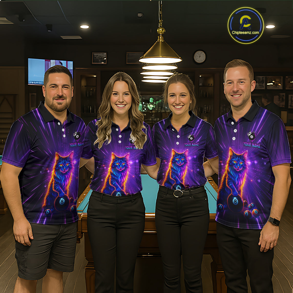 Personalized Funny Neon Cat 8 Ball Pool Women Billiard Polo & 1/4 Zip, Billiard Shirt, Billiard Team Jerseys NNT143