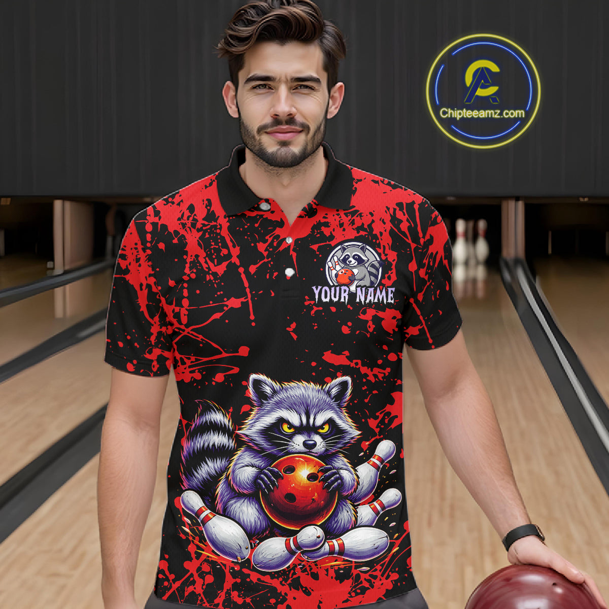 Custom Red Raccoon Bowling Jersey for Men Bowling Uniform Polo & 1/4 Zip Bowling Team Shirts HNT224