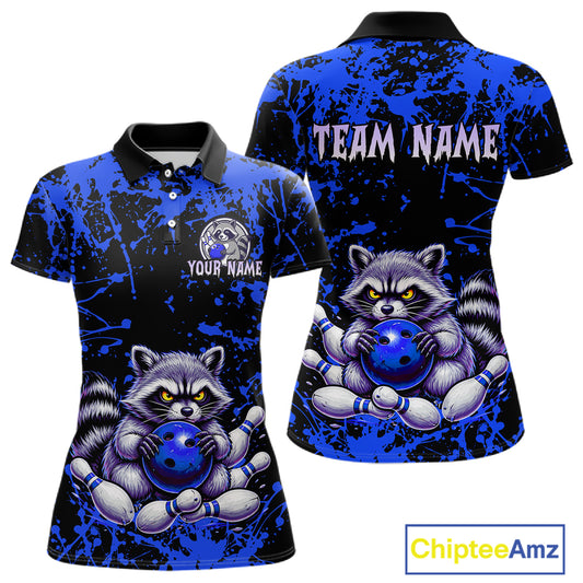 Custom Blue Raccoon Bowling Jersey for Women Bowling Uniform Polo & 1/4 Zip Bowling Team Shirts HNT224