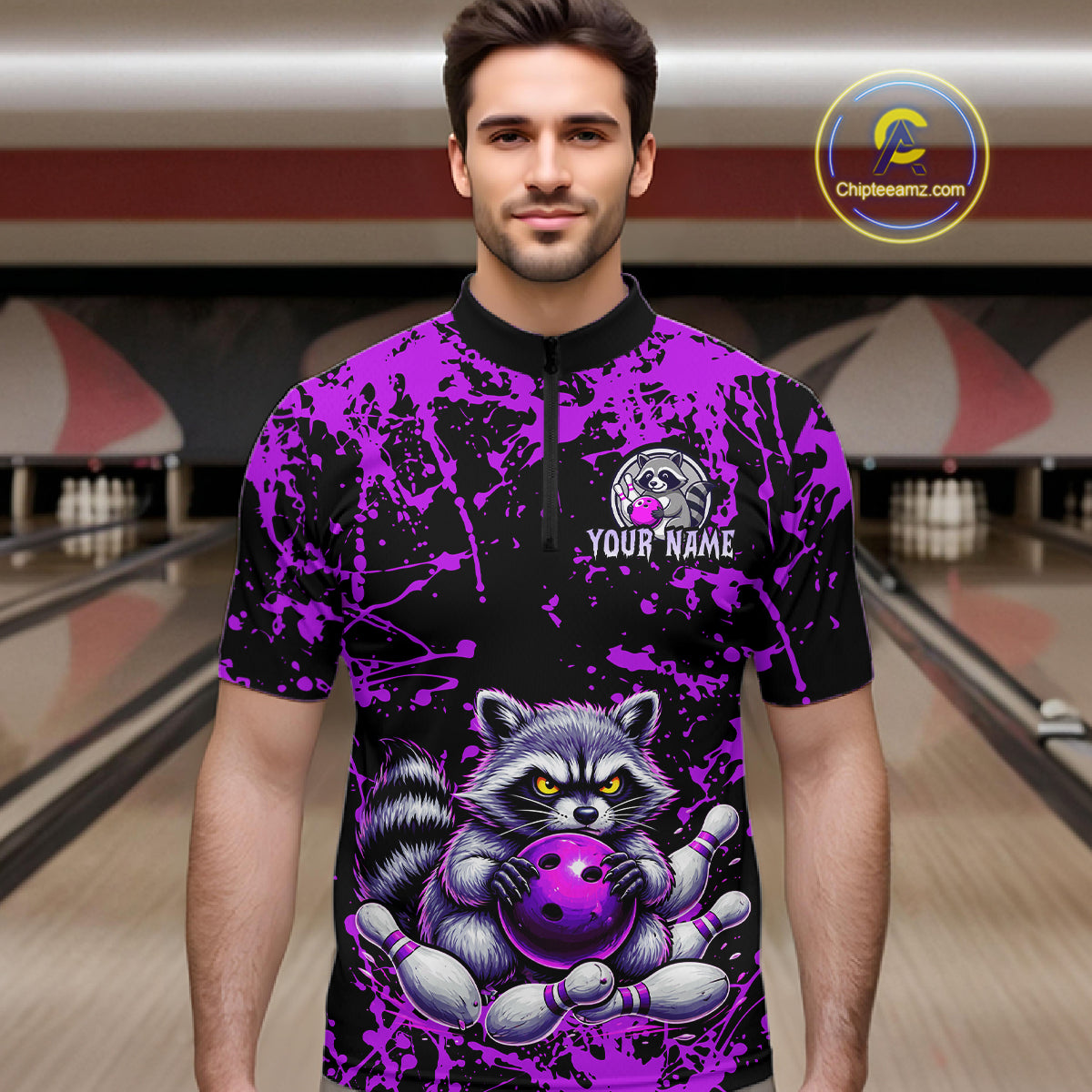 Custom Purple Raccoon Bowling Jersey for Men Bowling Uniform Polo & 1/4 Zip Bowling Team Shirts HNT224