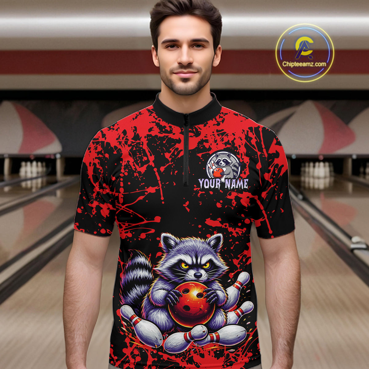 Custom Red Raccoon Bowling Jersey for Men Bowling Uniform Polo & 1/4 Zip Bowling Team Shirts HNT224