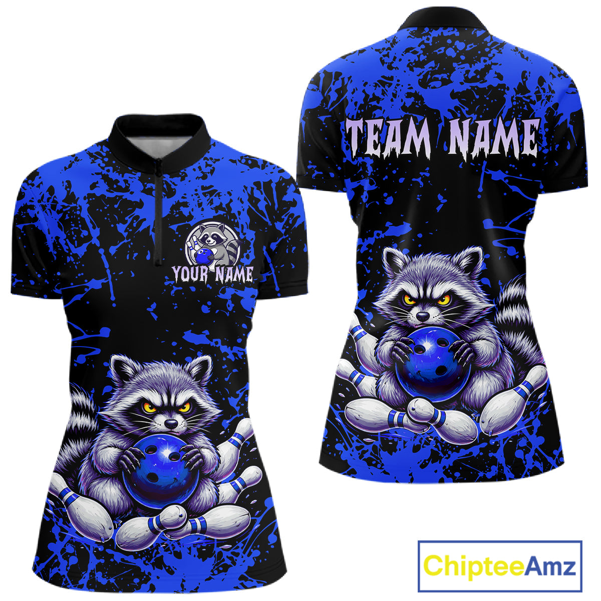 Custom Blue Raccoon Bowling Jersey for Women Bowling Uniform Polo & 1/4 Zip Bowling Team Shirts HNT224