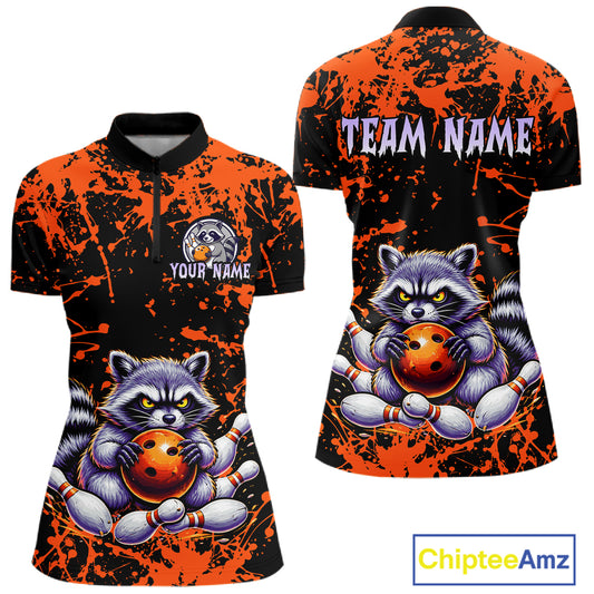 Custom Orange Raccoon Bowling Jersey for Women Bowling Uniform Polo & 1/4 Zip Bowling Team Shirts HNT224