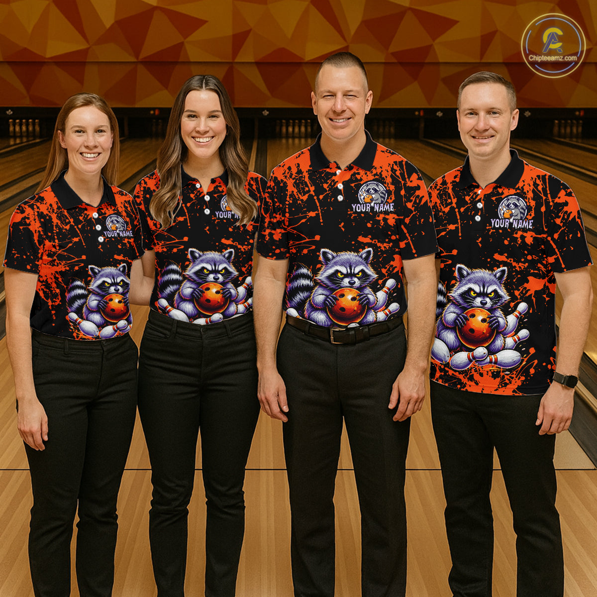 Custom Orange Raccoon Bowling Jersey for Women Bowling Uniform Polo & 1/4 Zip Bowling Team Shirts HNT224