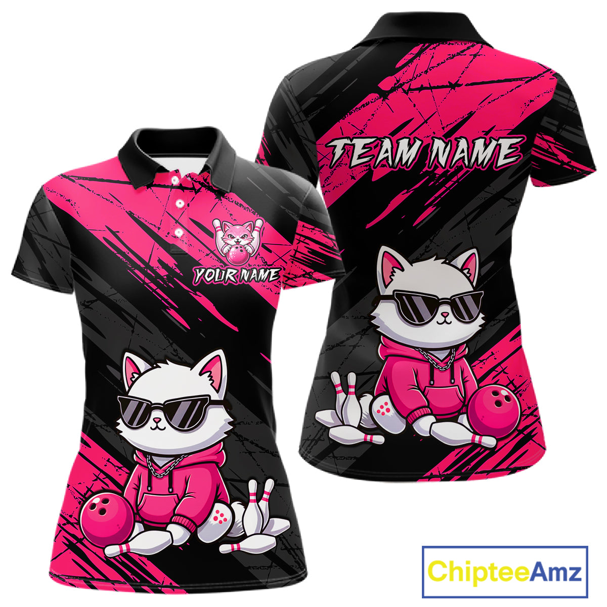 Custom Funny Pink Cat Bowling Jersey for Women Bowling Team Shirts Bowling Polo & 1/4 Zip HNT257