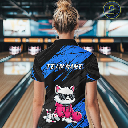 Custom Funny Blue Cat Bowling Jersey for Women Bowling Team Shirts Bowling Polo & 1/4 Zip HNT257