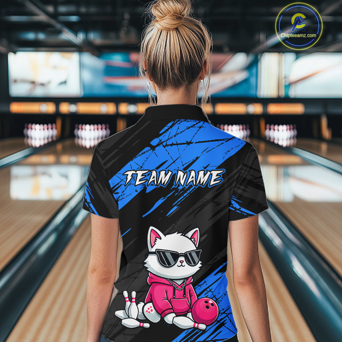Custom Funny Blue Cat Bowling Jersey for Women Bowling Team Shirts Bowling Polo & 1/4 Zip HNT257