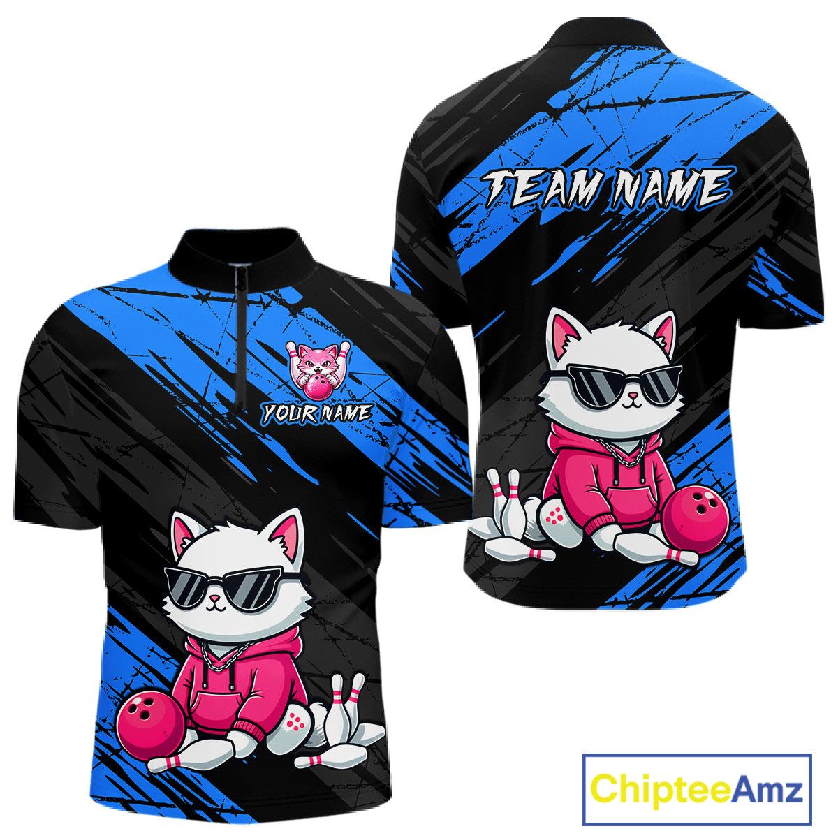 Custom Funny Blue Cat Bowling Jersey for Men Bowling Team Shirts Bowling Polo & 1/4 Zip HNT257