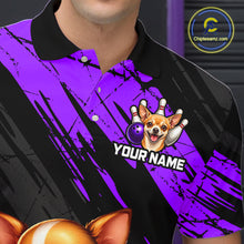 Load image into Gallery viewer, Black and purple polo shirt with a dog bowling graphic and 'Your Name' text, brand logo visible.