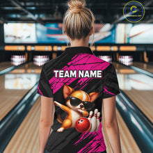 Load image into Gallery viewer, Person wearing a bowling shirt with a dog graphic and 'TEAM NAME' text in a bowling alley.