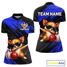 Load image into Gallery viewer, Two views of a polo shirt with a dog bowling design, customizable text, and Chiptee Amz branding.