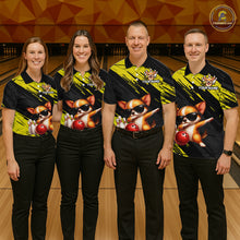Load image into Gallery viewer, Four people wearing matching bowling shirts with a dog design on a bowling alley.