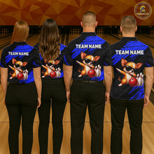Load image into Gallery viewer, Four people wearing bowling shirts with a team logo and text on a bowling alley background