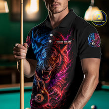 Load image into Gallery viewer, Person wearing a black polo shirt with a colorful tiger design and pool cue in a billiards setting.