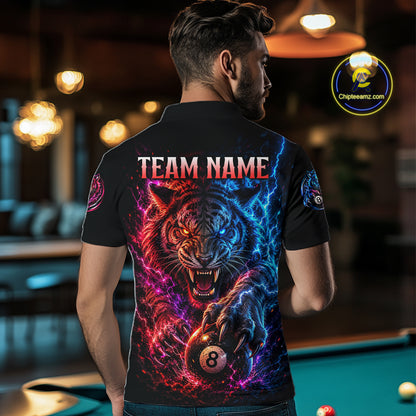 Person wearing a black t-shirt with a colorful tiger design and 'TEAM NAME' text, standing in a bar.