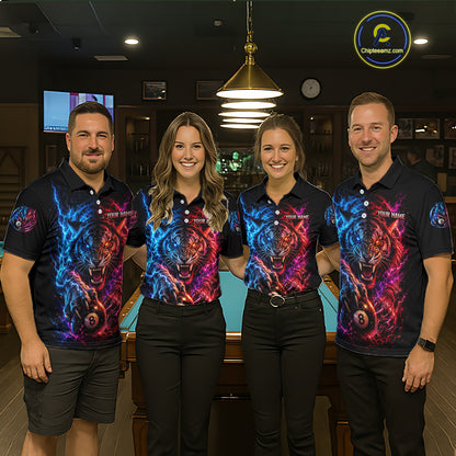 Four people wearing matching polo shirts with a colorful tiger design in a bar setting.
