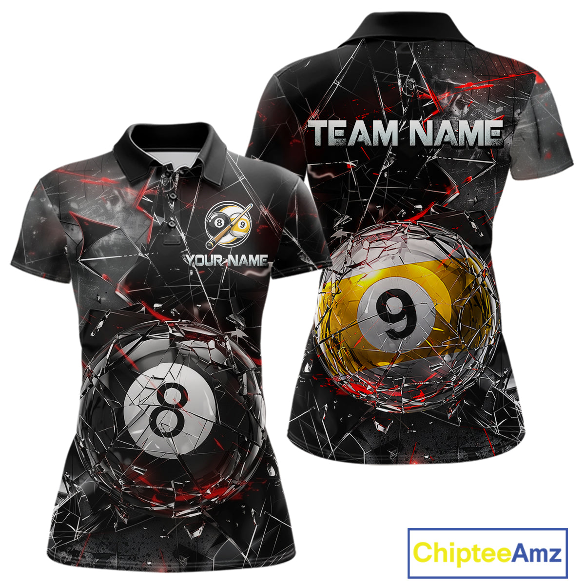 Women’s collared pool-themed polo dress in black and gray tones with cracked glass artwork, custom “TEAM NAME” and “YOUR NAME” text areas, and dramatic 8-ball and 9-ball illustrations.