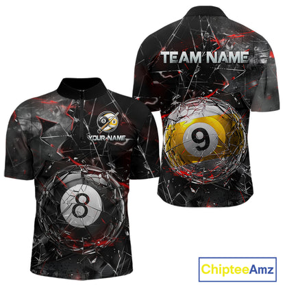 Men’s collared pool-themed quarter zip dress in black and gray tones with cracked glass artwork, custom “TEAM NAME” and “YOUR NAME” text areas, and dramatic 8-ball and 9-ball illustrations.