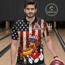Load image into Gallery viewer, Man wearing a bowling-themed shirt with a dog design in a bowling alley.