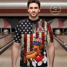 Load image into Gallery viewer, Man wearing a colorful shirt with a dog and bowling ball design in a bowling alley.