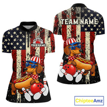 Load image into Gallery viewer, Two polo shirts with a dog bowling design on an American flag background, featuring 'Team Name' and 'Your Name' text.