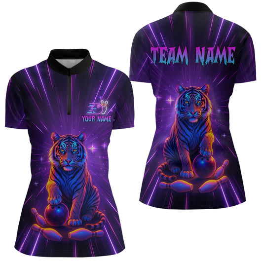 Custom Neon Tiger Bowling Jersey for Women Bowling Team Shirts Bowling League Polo & 1/4 Zip HNT154