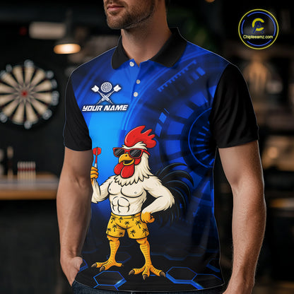 Custom Blue Funny Chicken Darts Shirt for Men Darts Team Jerseys Polo & 1/4 Zip Dart League NNT131