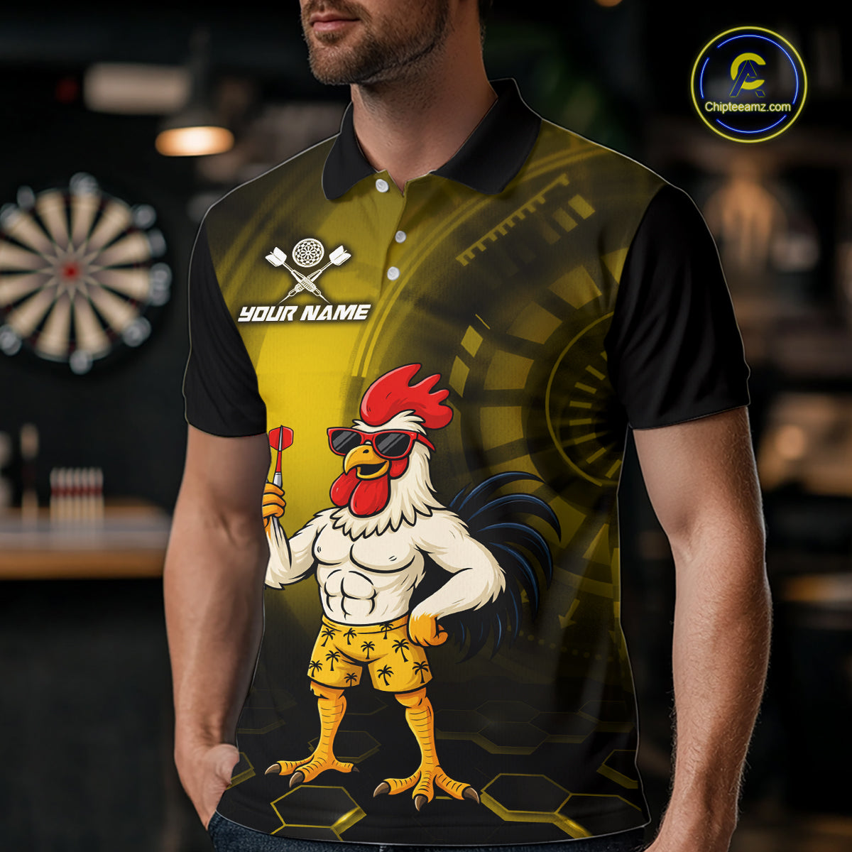 Custom Yellow Funny Chicken Darts Shirt for Men Darts Team Jerseys Polo & 1/4 Zip Dart League NNT131