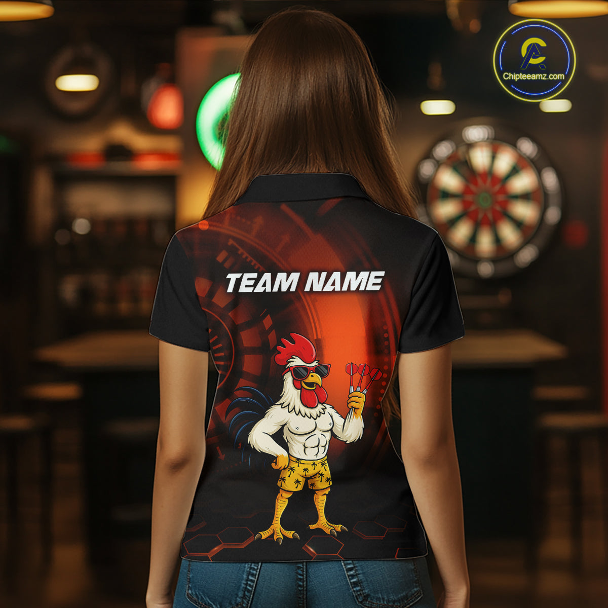 Custom Orange Funny Chicken Darts Shirt for Women Darts Team Jerseys Polo & 1/4 Zip Dart League NNT131