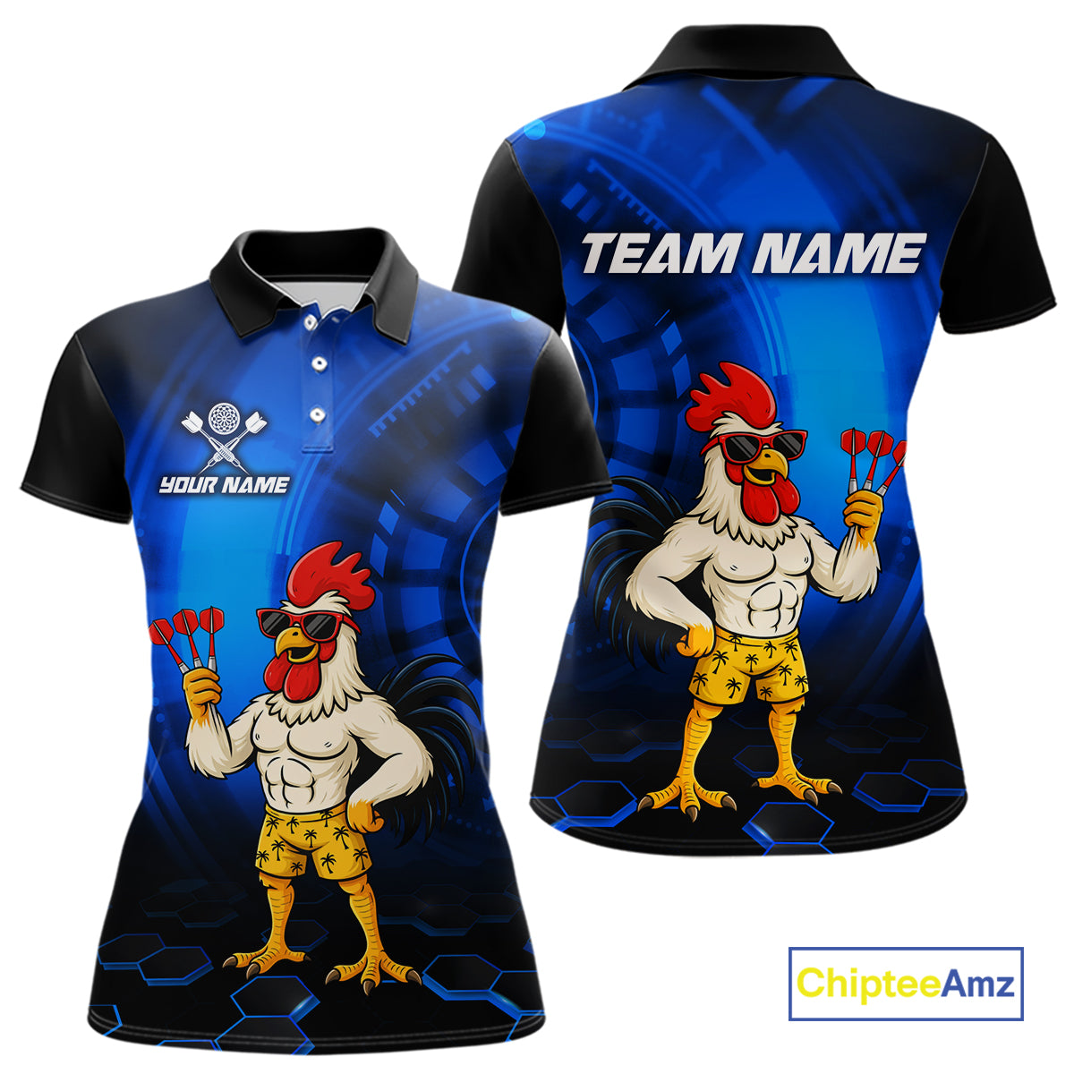 Custom Blue Funny Chicken Darts Shirt for Women Darts Team Jerseys Polo & 1/4 Zip Dart League NNT131