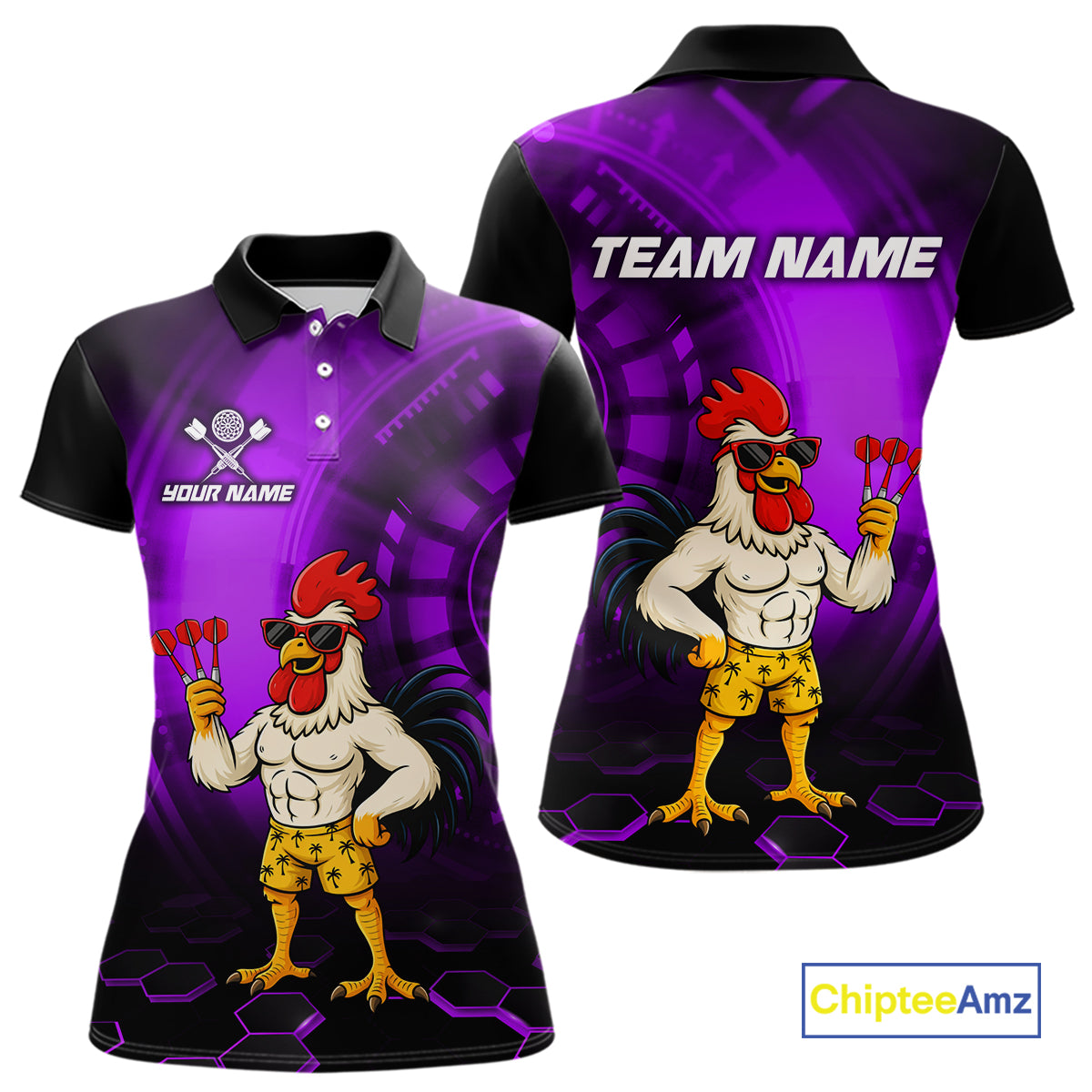 Custom Purple Funny Chicken Darts Shirt for Women Darts Team Jerseys Polo & 1/4 Zip Dart League NNT131