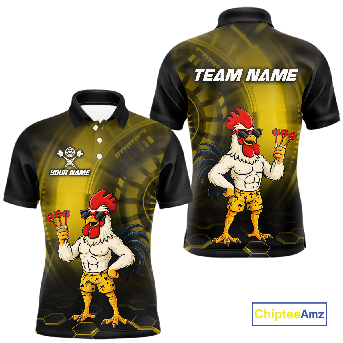 Custom Yellow Funny Chicken Darts Shirt for Men Darts Team Jerseys Polo & 1/4 Zip Dart League NNT131