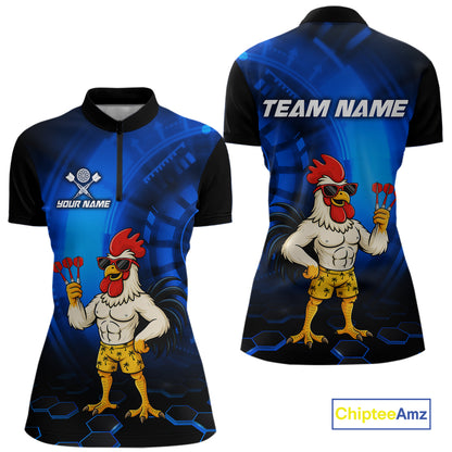 Custom Blue Funny Chicken Darts Shirt for Women Darts Team Jerseys Polo & 1/4 Zip Dart League NNT131