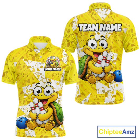 Front and back views of a bright yellow bowling polo shirt with abstract splatter patterns, featuring a cheerful cartoon turtle holding bowling pins and a blue bowling ball graphic.