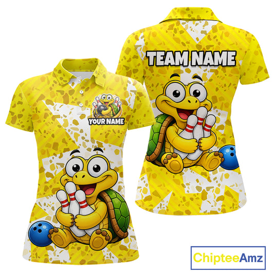 Front and back views of a bright yellow bowling polo shirt with abstract splatter patterns, featuring a cheerful cartoon turtle holding bowling pins and a blue bowling ball graphic.