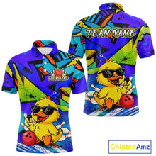 Load image into Gallery viewer, Front and back views of a vibrant blue bowling polo featuring a cartoon duck in sunglasses, bowling pins, a red bowling ball, and personalized name and team name text.