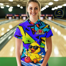 Load image into Gallery viewer, Person wearing a colorful bowling shirt with a duck graphic in a bowling alley.