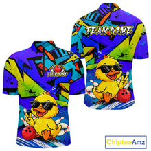 Load image into Gallery viewer, Front and back views of a vibrant blue bowling quarter zip featuring a cartoon duck in sunglasses, bowling pins, a red bowling ball, and personalized name and team name text.
