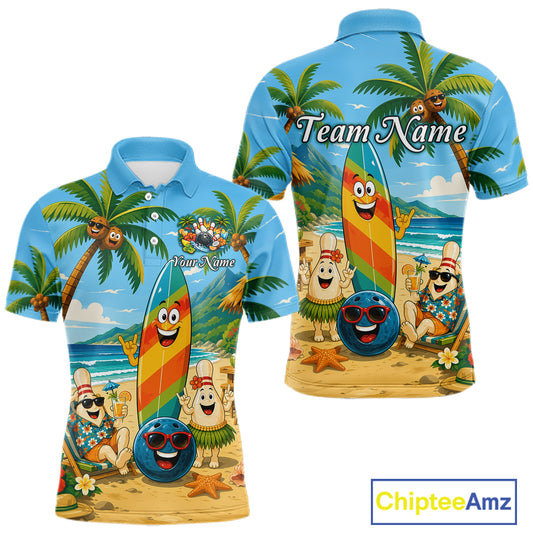 Front and back views of a sky blue bowling polo with a tropical beach scene, smiling bowling ball and pins, colorful surfboard, palm trees, and personalized name and team name text.