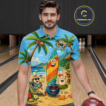 Load image into Gallery viewer, Man wearing a colorful bowling shirt with cartoon characters on a bowling alley.