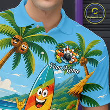 Load image into Gallery viewer, Colorful polo shirt with tropical design and bowling elements, featuring a palm tree, coconut, and mountains.