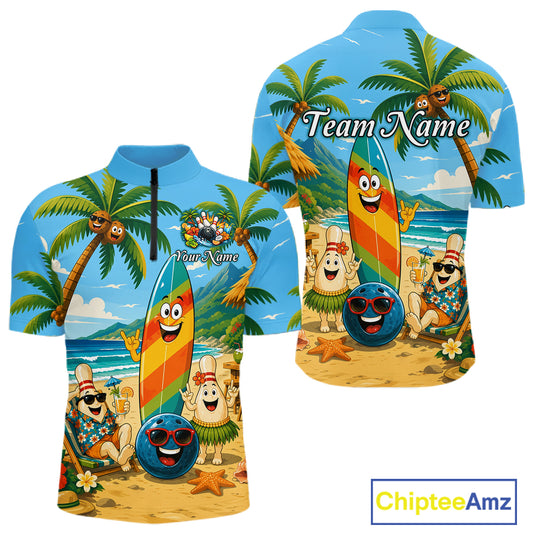 Front and back views of a sky blue bowling quarter zip with a tropical beach scene, smiling bowling ball and pins, colorful surfboard, palm trees, and personalized name and team name text.